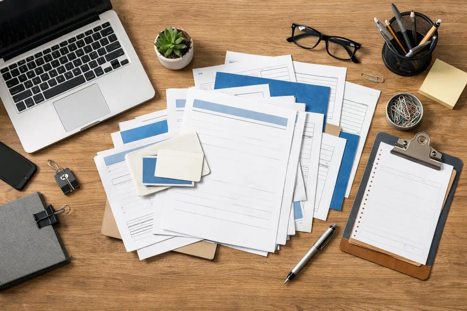 Frustrated worker reading confusing social security documents at home office with laptop and papers scattered on desk, realistic style, natural lighting, professional setting, no text or labels visible