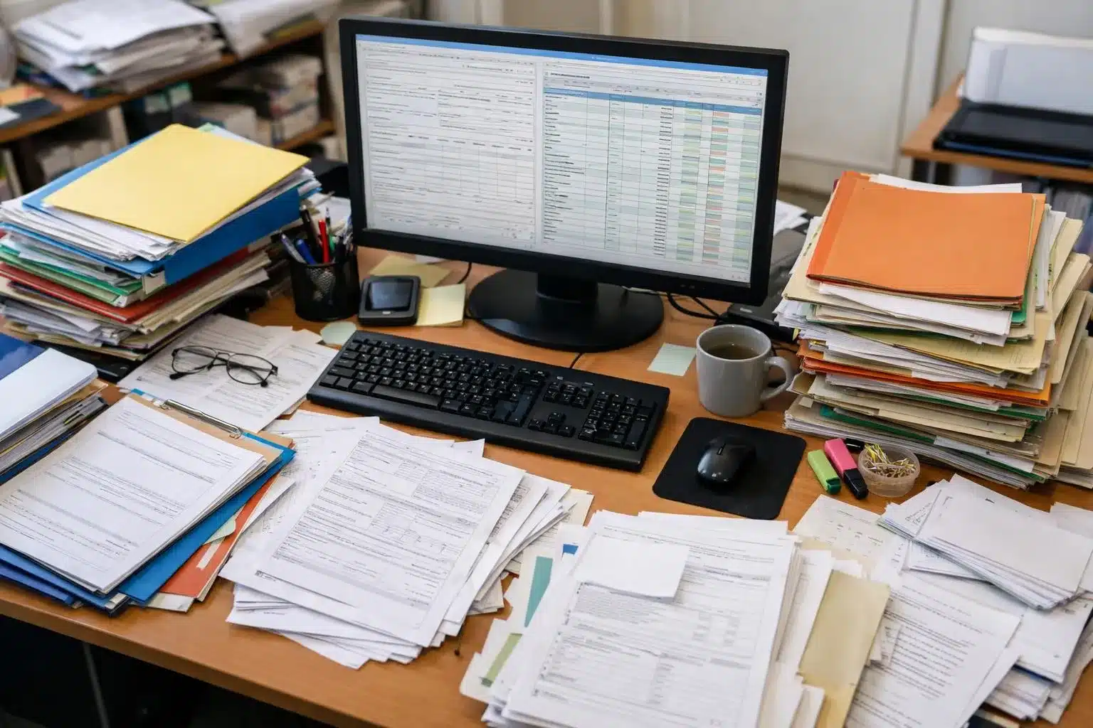 Bureau de travail encombré avec ordinateur, documents et fournitures de bureau.