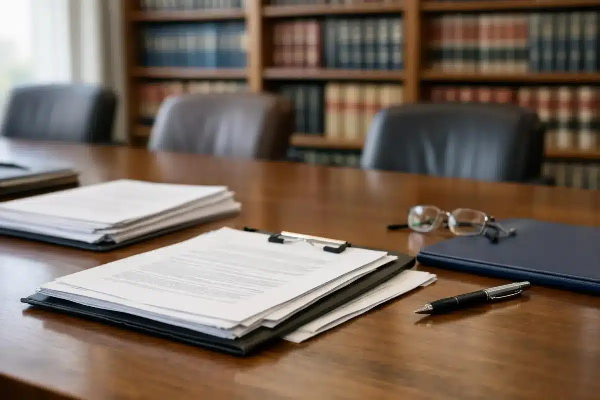 Bureau de travail avec documents, stylo et lunettes.