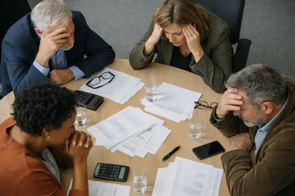 Groupe de personnes stressées examinant des documents au bureau.