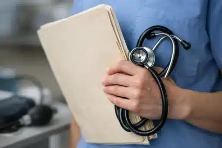 "Un professionnel de santé examine un dossier médical avec un stéthoscope, reflet de l'actualité sanitaire et sociale 2021."