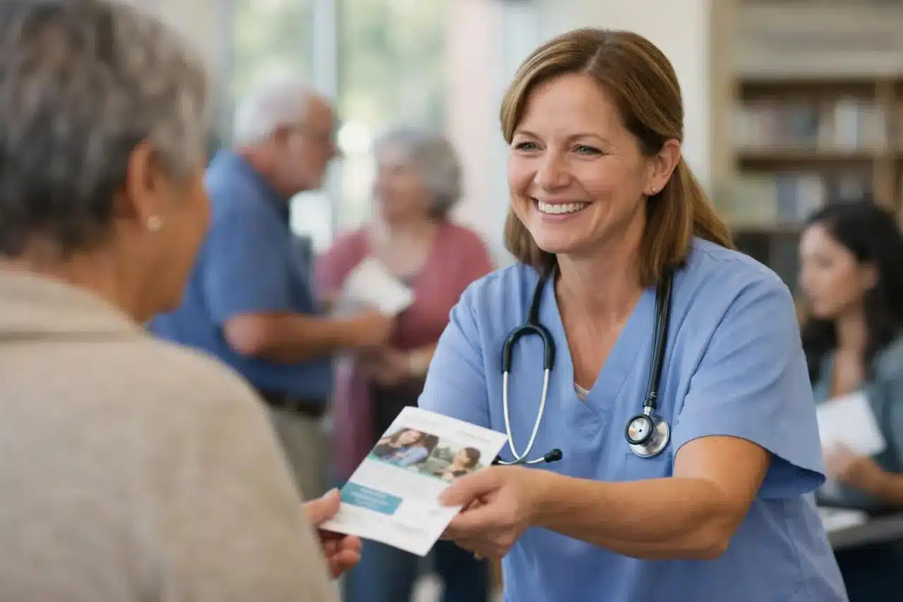 Une professionnelle de santé offrant des informations sanitaires et sociales gratuites à un patient dans un centre communauta