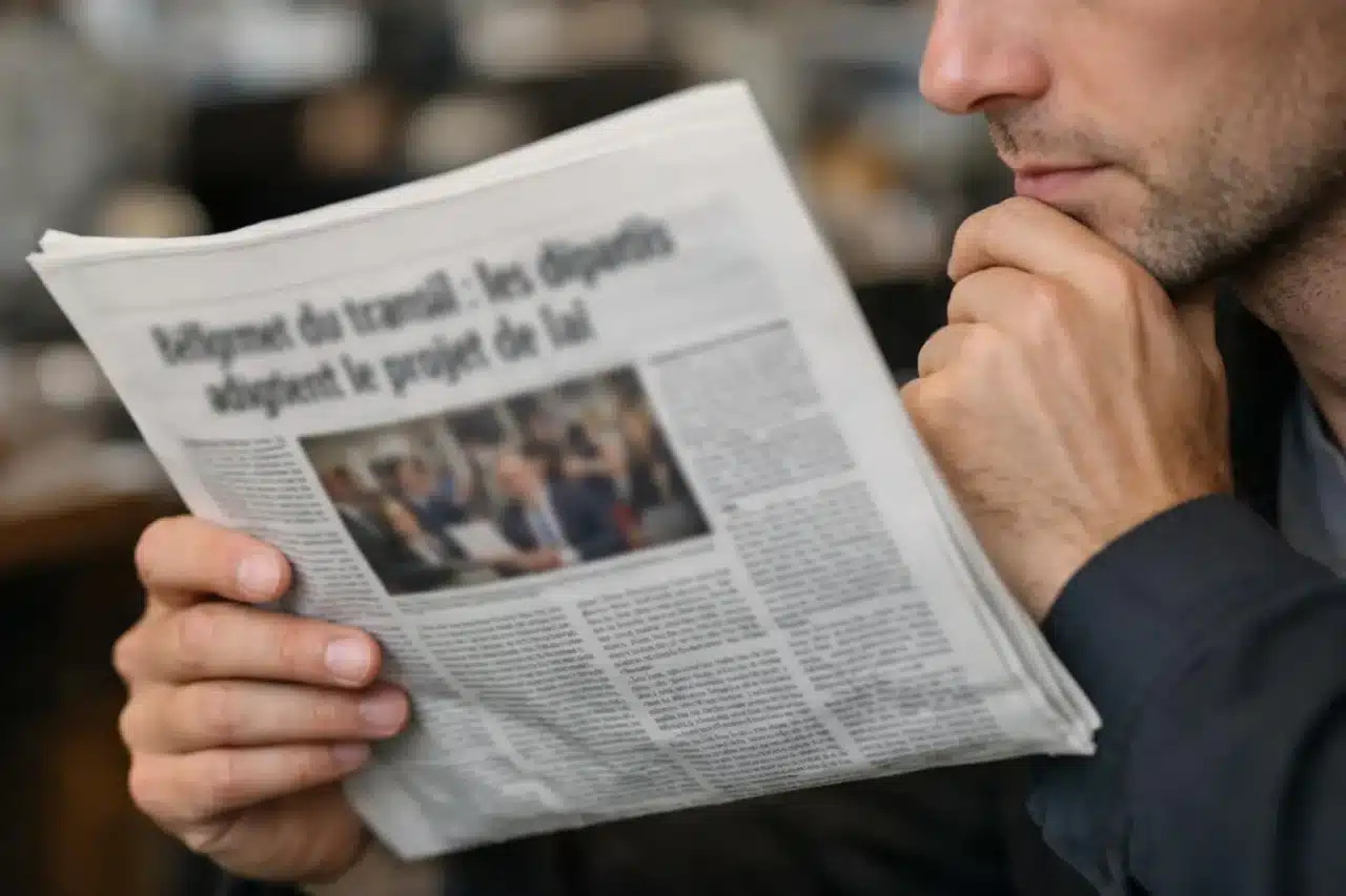 Une personne tenant un journal avec une une sur la réforme du travail en 2017