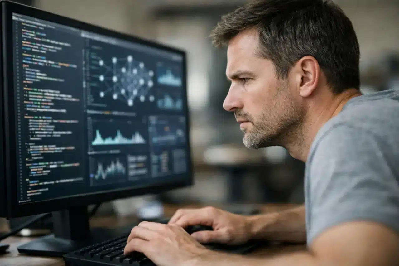 impact de l'IA sur l'emploi, personne consultant un écran d'ordinateur avec des données d'intelligence artificielle.