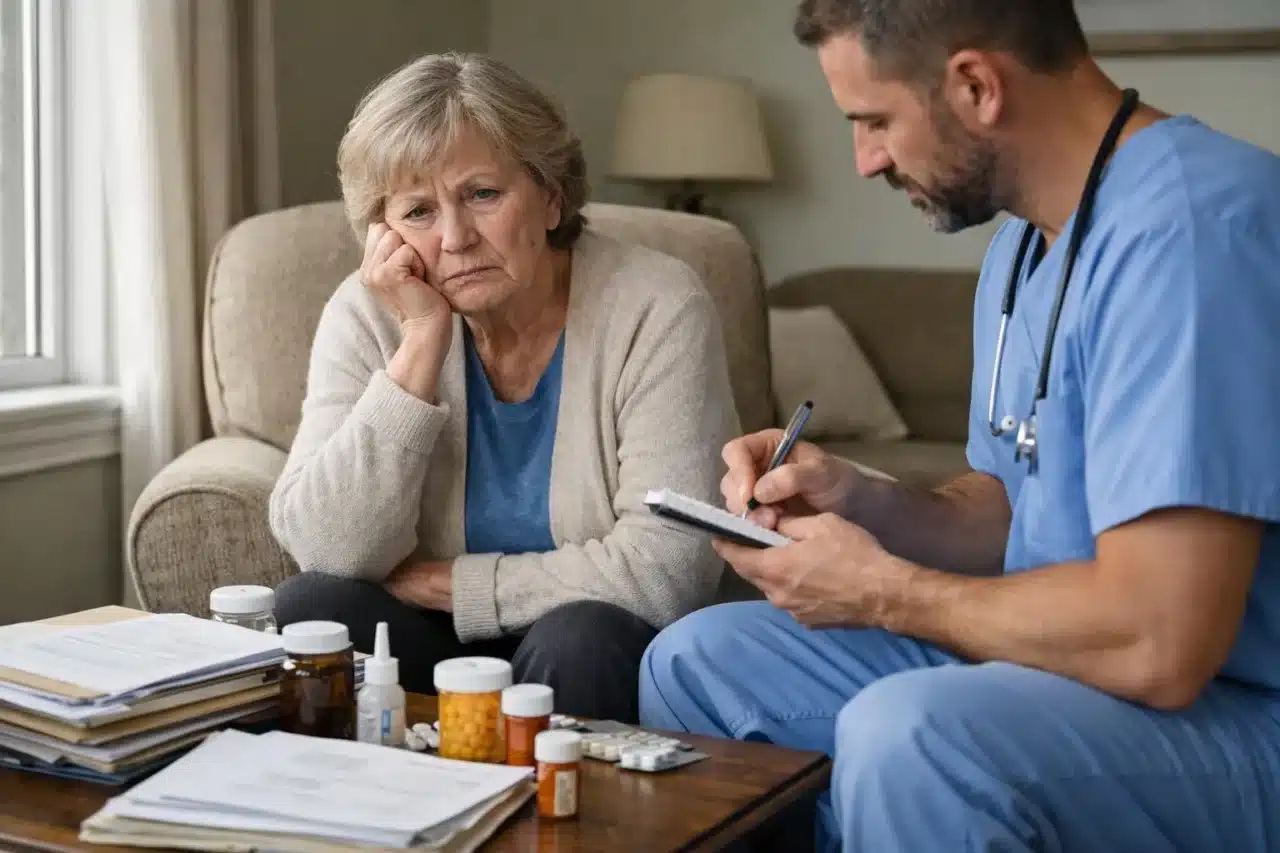Personne âgée chez elle avec des dossiers médicaux et un infirmier, illustration des conséquences du vieillissement de la pop
