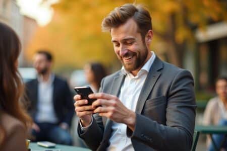 "actualité sociale septembre 2026, homme consultant son smartphone dans un café"