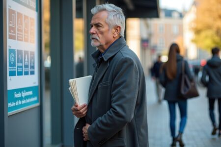 Un senior face au chômage en France, recherche solutions près d'un centre de formation.