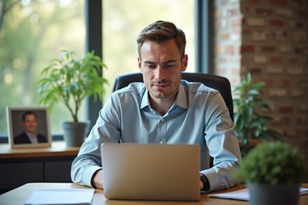 Fin du CDI, salarié en réflexion dans son bureau, fin de carrière sereine.