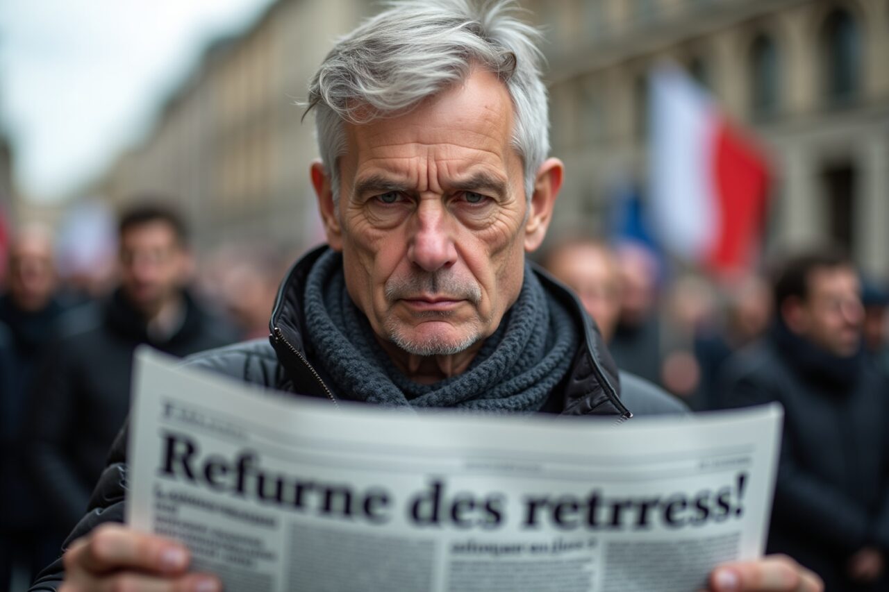Homme inquiet lisant journal sur réforme des retraites avec manifestants en arrière-plan flou