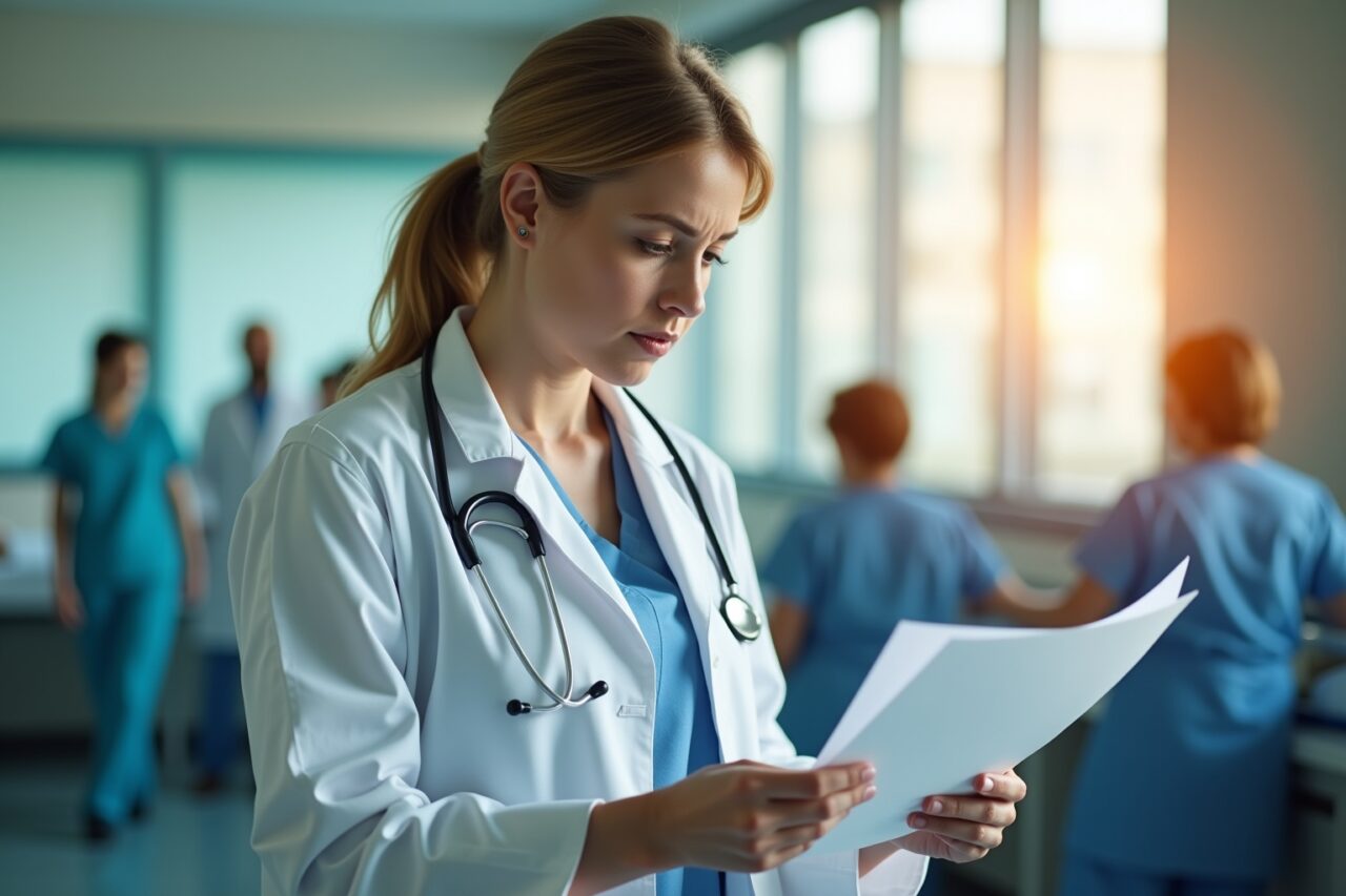 Actualité sanitaire et sociale de la semaine : un professionnel de santé consulté un dossier médical dans un hôpital.