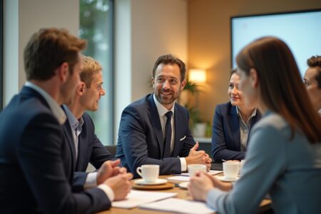 "Salariés d'Air France en réunion, discutant des actualités sociales et des accords" Let me know if you need any changes!