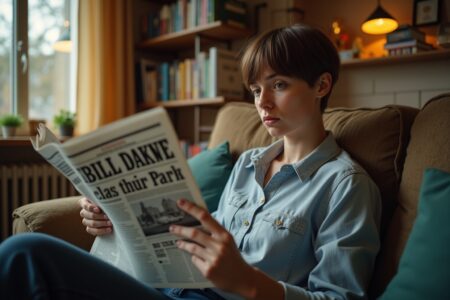Classe sociale actualité - jeune adulte lisant un journal avec inquiétude dans un salon cosy