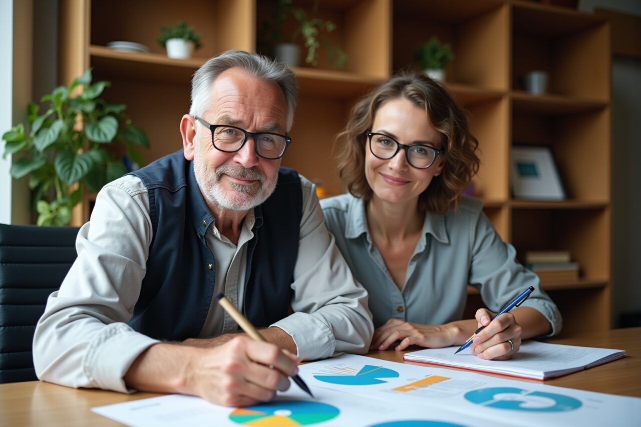 "Analyse des politiques familiales : un couple examine des documents et des graphiques économiques"