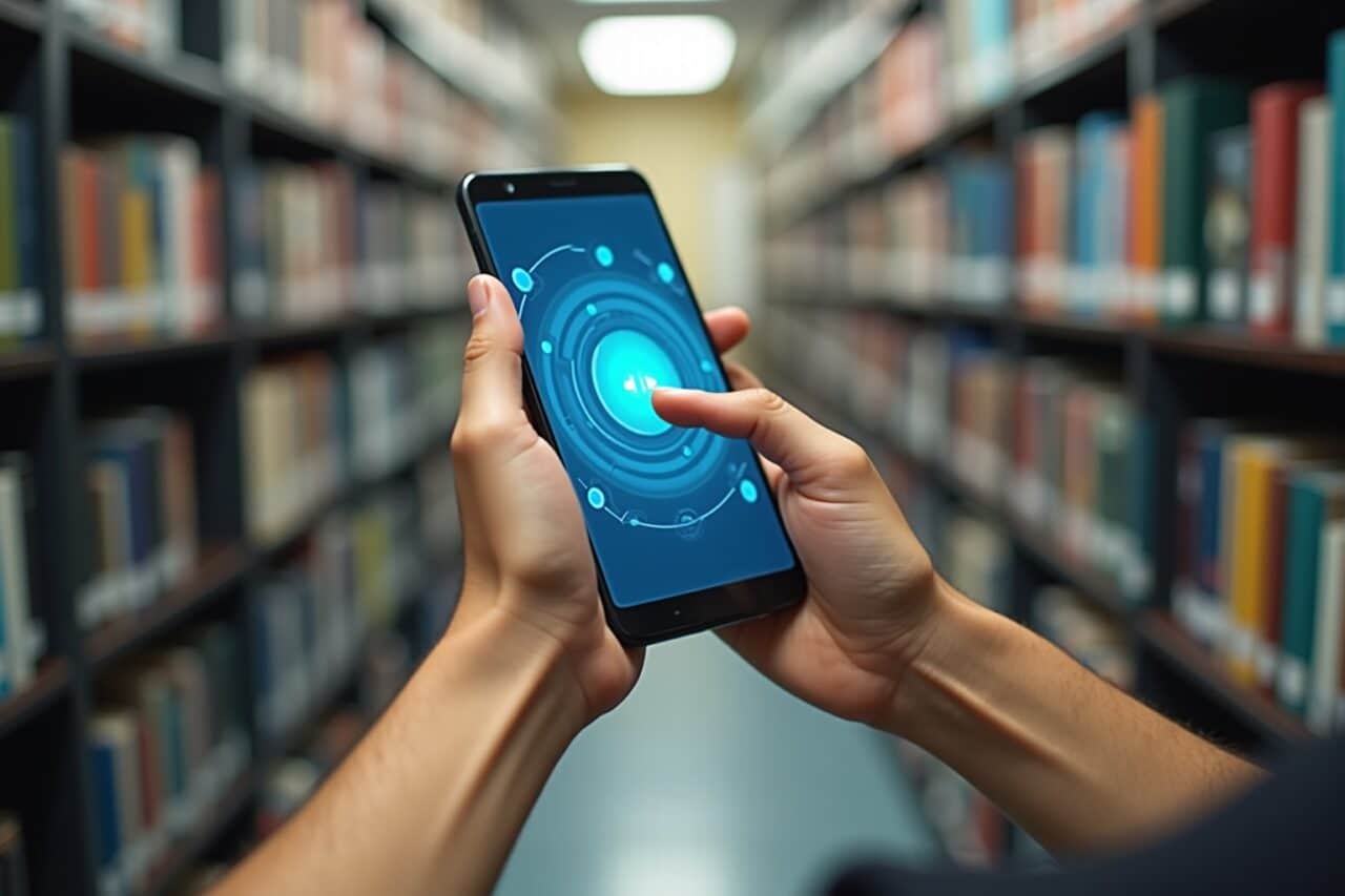 "Main tenant un smartphone en train de se connecter à Internet dans une bibliothèque"