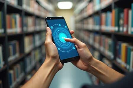 "Main tenant un smartphone en train de se connecter à Internet dans une bibliothèque"