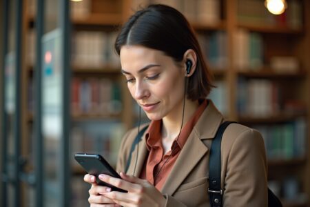 Une personne écoute un podcast d'actualité sociale gratuit sur smartphone avec écouteurs.