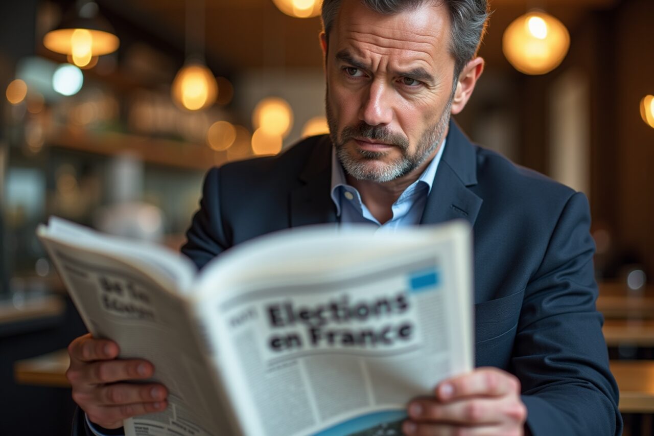 "Un homme français lisant un journal sur les élections législatives"