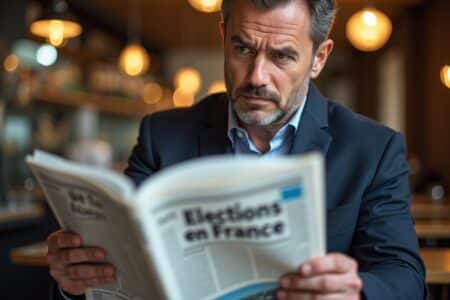 "Un homme français lisant un journal sur les élections législatives"