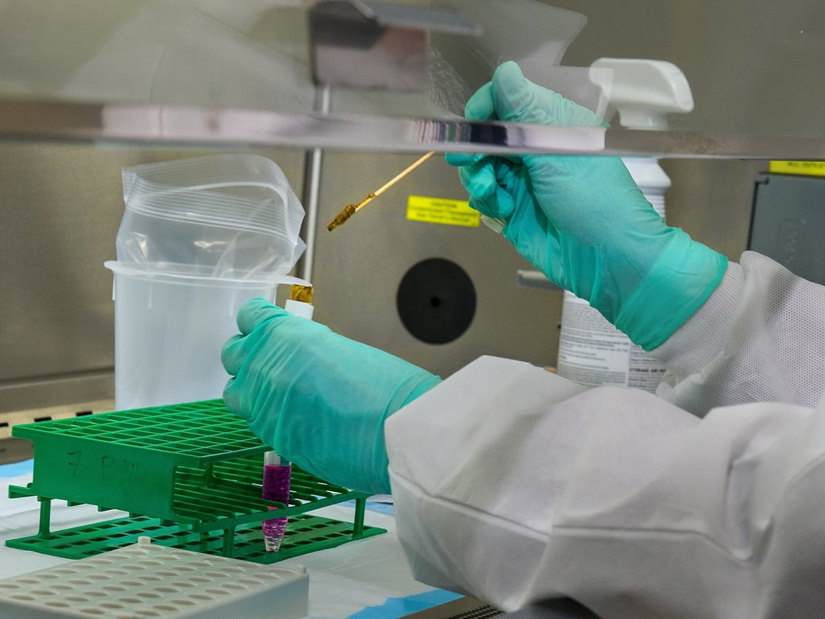 Laboratoire médical avec équipement et gants de protection verts.