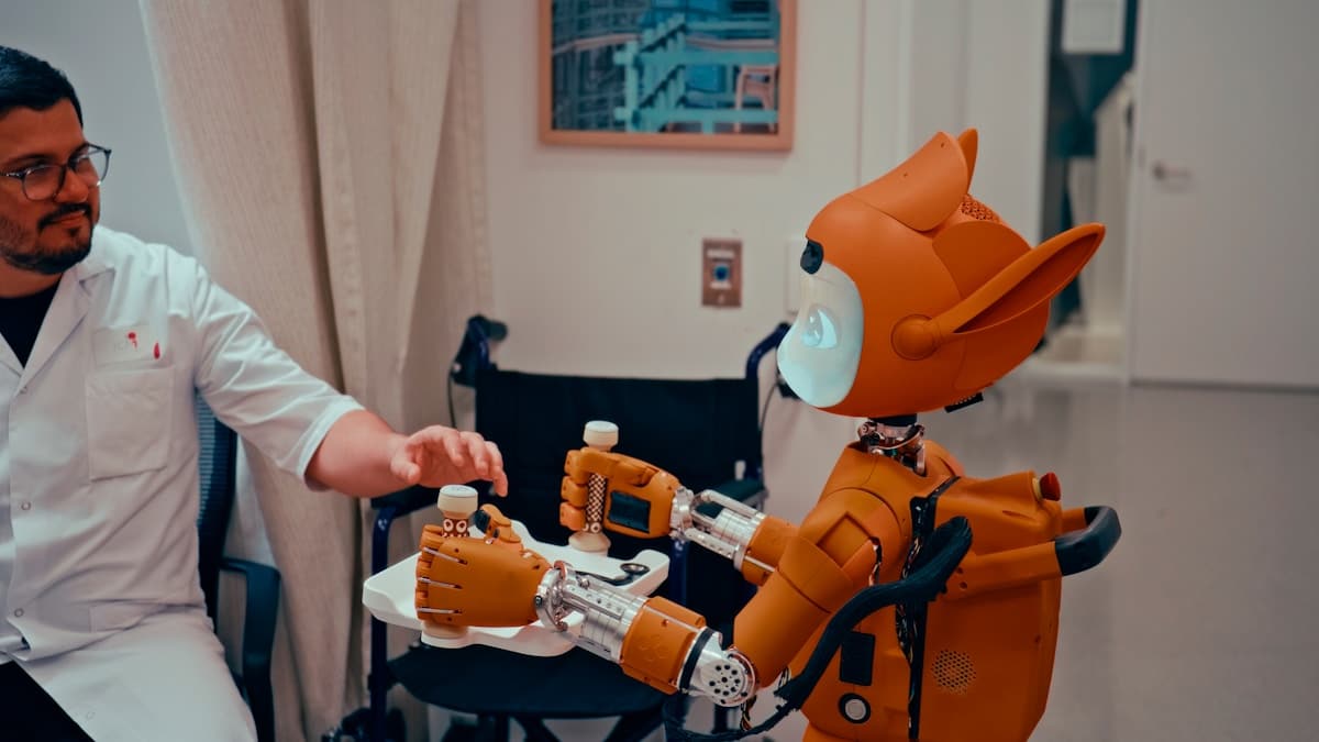 Un homme en blouse blanche interagit avec un robot orange aux bras articulés.