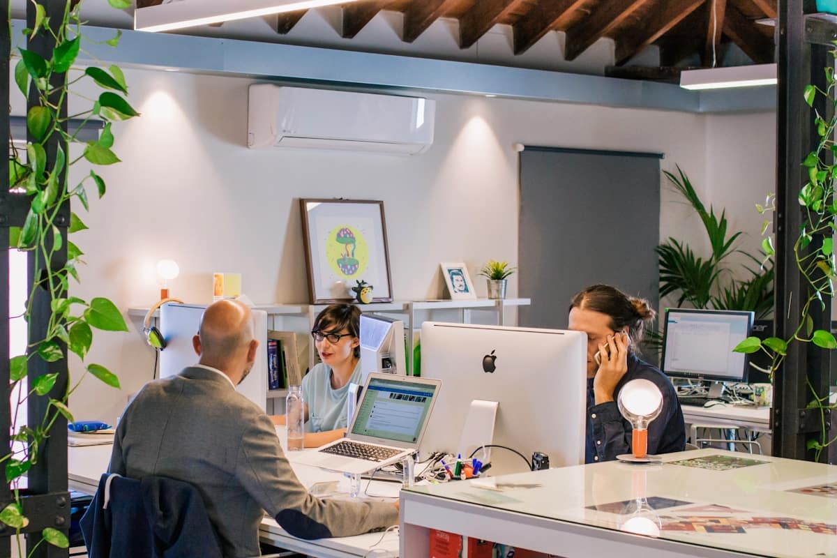 Espace de travail collaboratif avec ordinateurs, plantes et œuvres d'art.