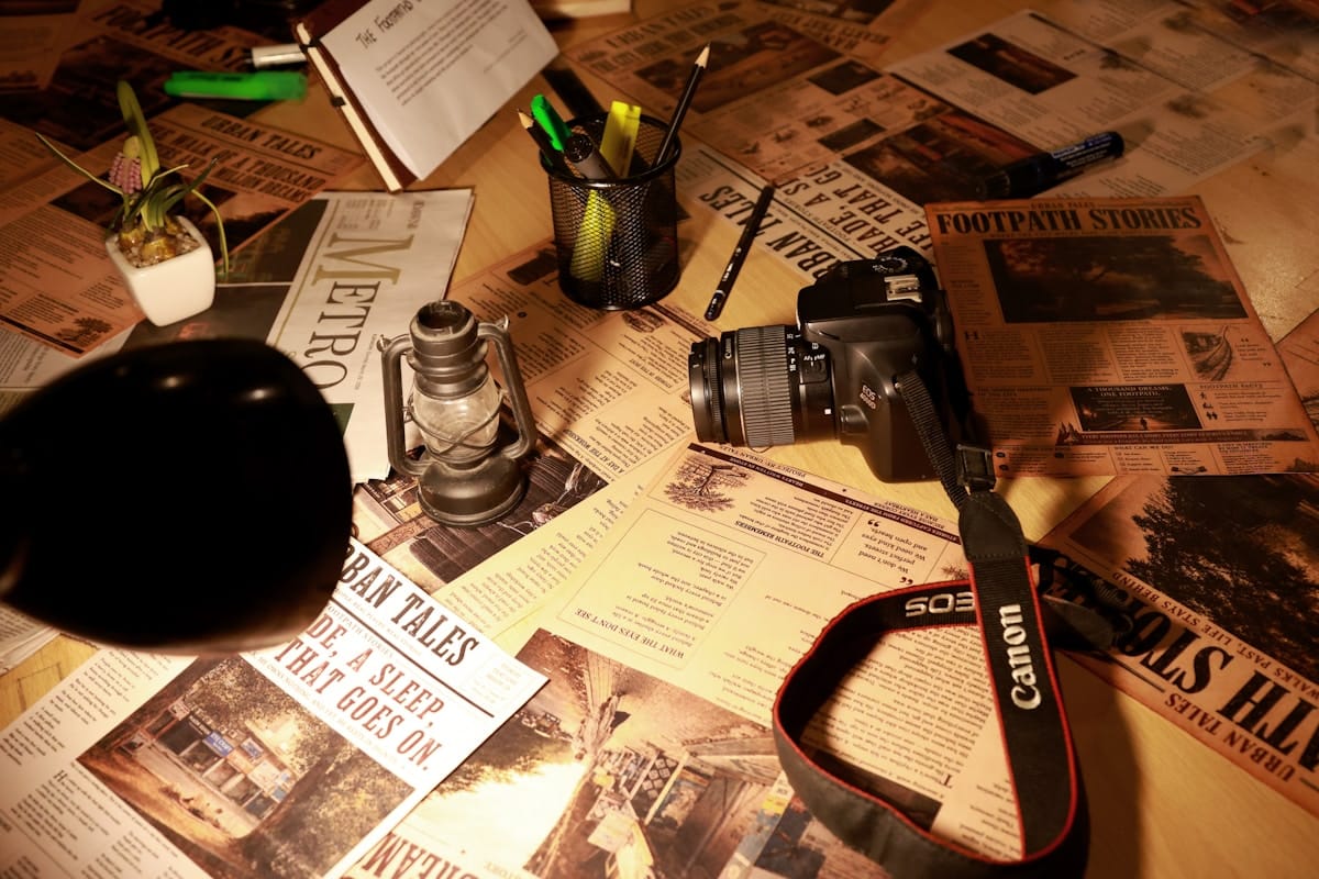 Objets de journalisme et de photographie sur un bureau encombré.