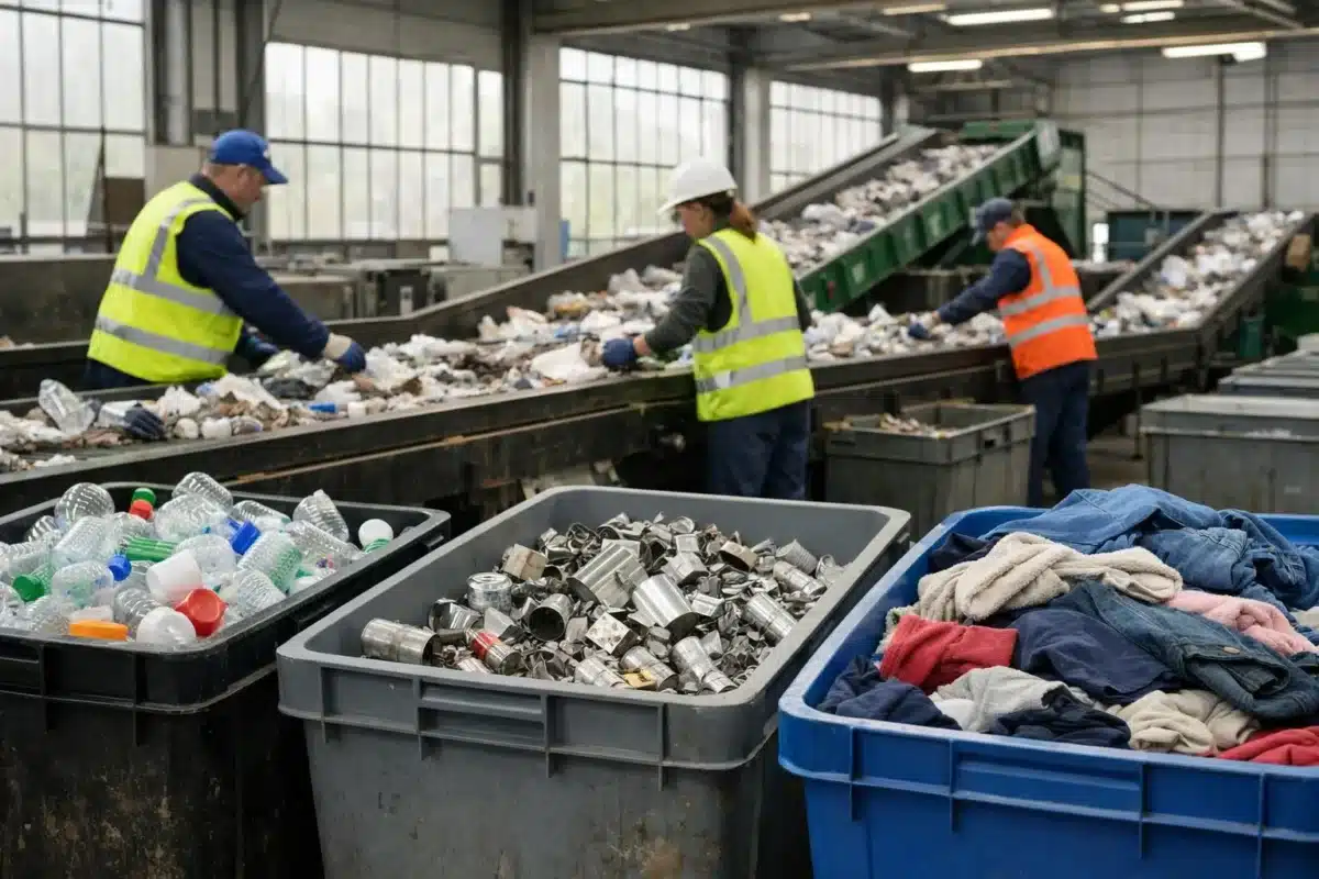 Usine de recyclage avec des travailleurs triant les déchets sur une chaîne de tri.