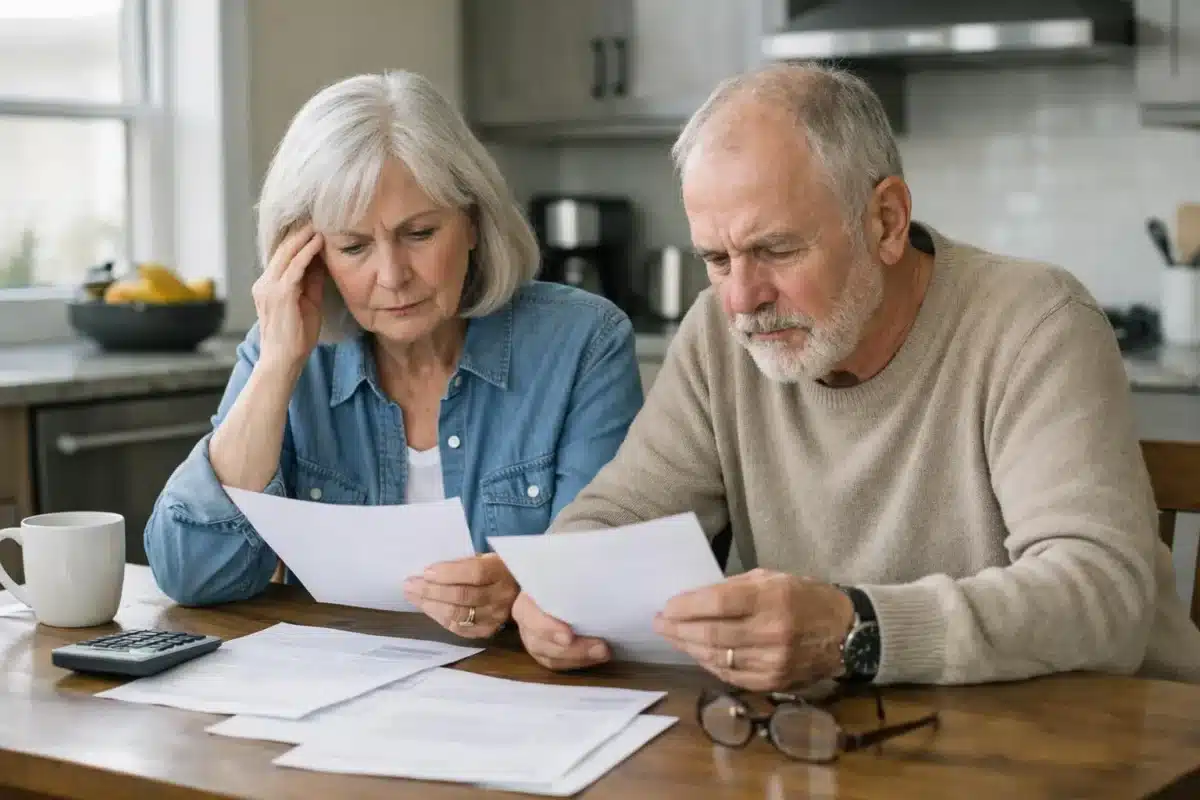 Couple âgé examinant des documents financiers avec inquiétude.