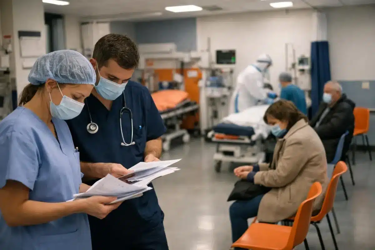 Médecins en consultation dans une salle d'hôpital avec patients.