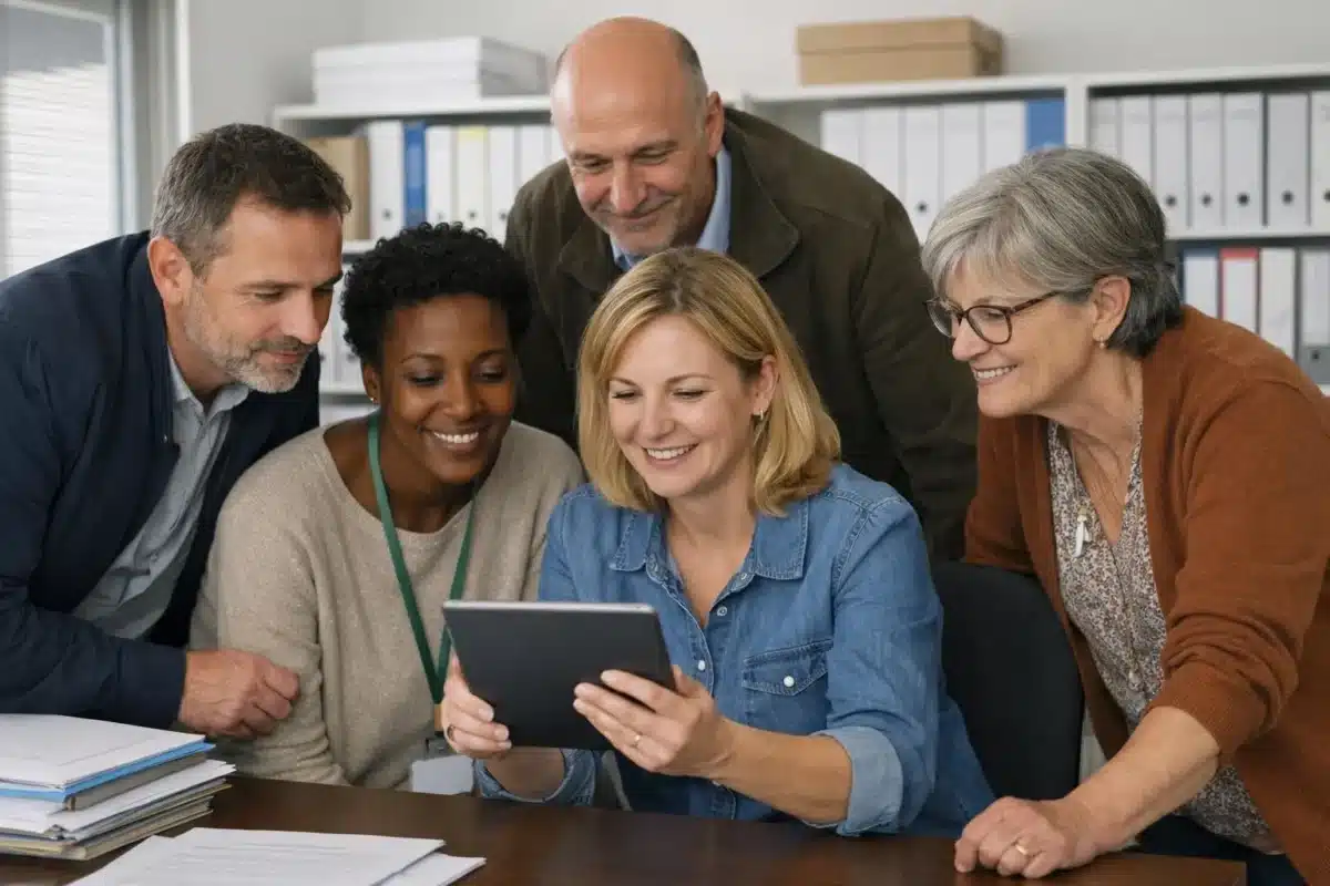 Groupe de personnes diverses collaborant sur une tablette numérique dans un bureau.