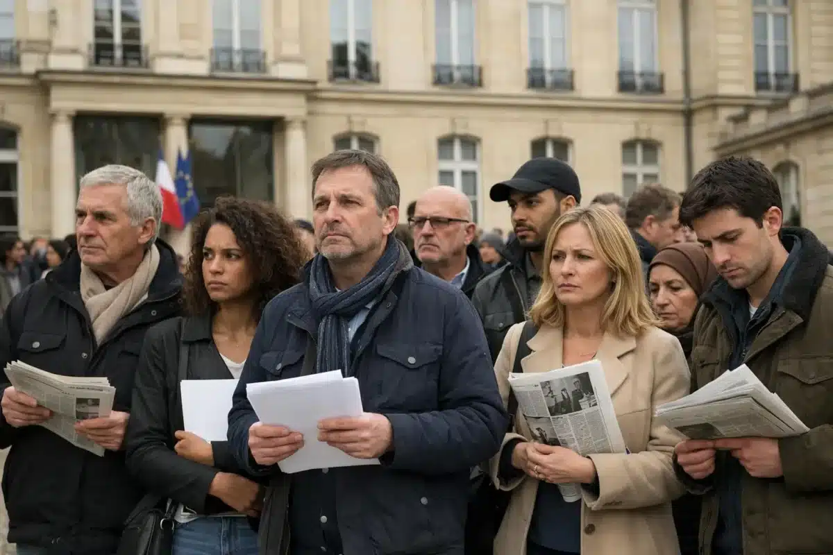 Foule de personnes lisant des journaux devant un bâtiment officiel.