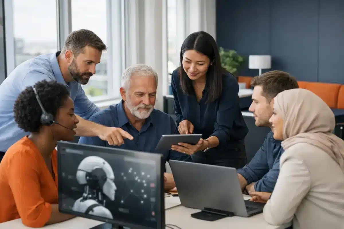Groupe diversifié de personnes collaborant sur des ordinateurs portables dans un bureau moderne.