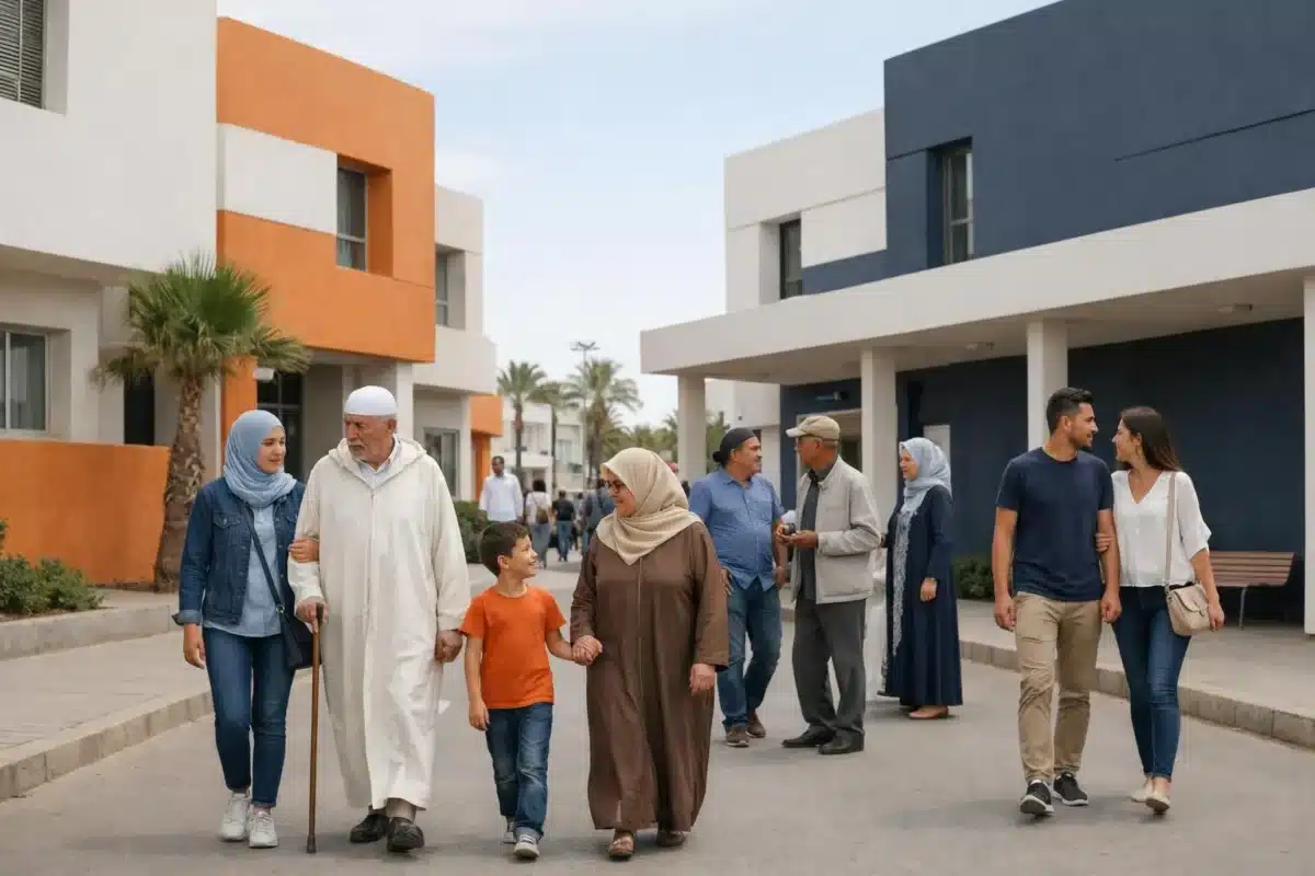 Groupe de personnes de différents âges et origines marchant ensemble dans un quartier résidentiel.