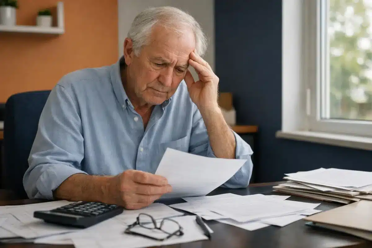 Homme âgé, stressé, examinant des documents sur son bureau.