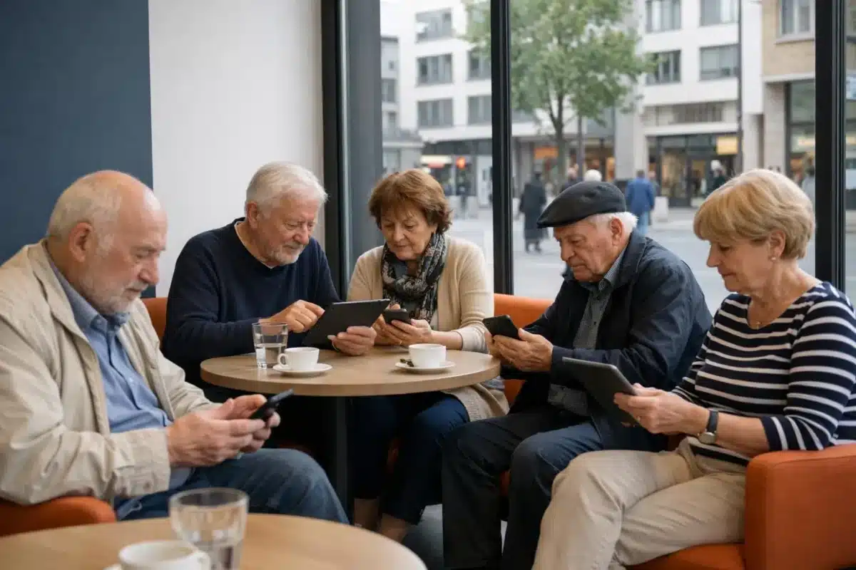 Groupe de personnes âgées utilisant des appareils électroniques dans un café.