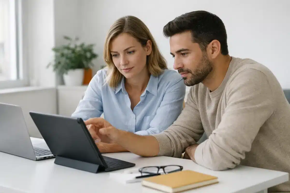 Deux personnes travaillant ensemble sur un ordinateur portable dans un bureau.