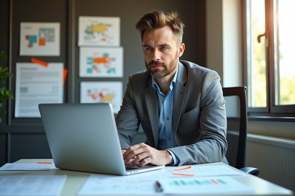 Homme d'affaires concentré travaillant sur son ordinateur portable dans son bureau.