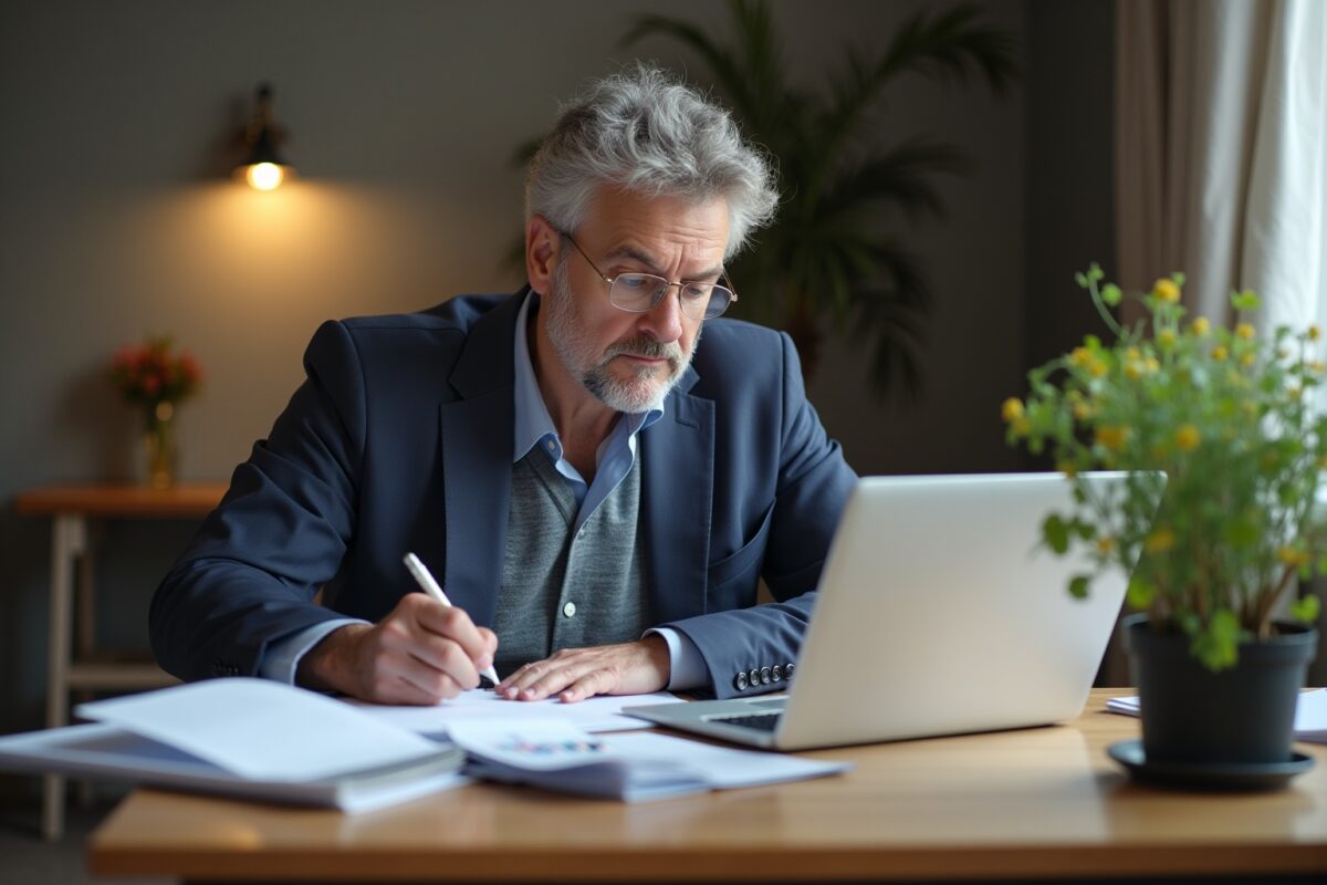 Homme d'affaires âgé travaillant sur un ordinateur portable dans un bureau.