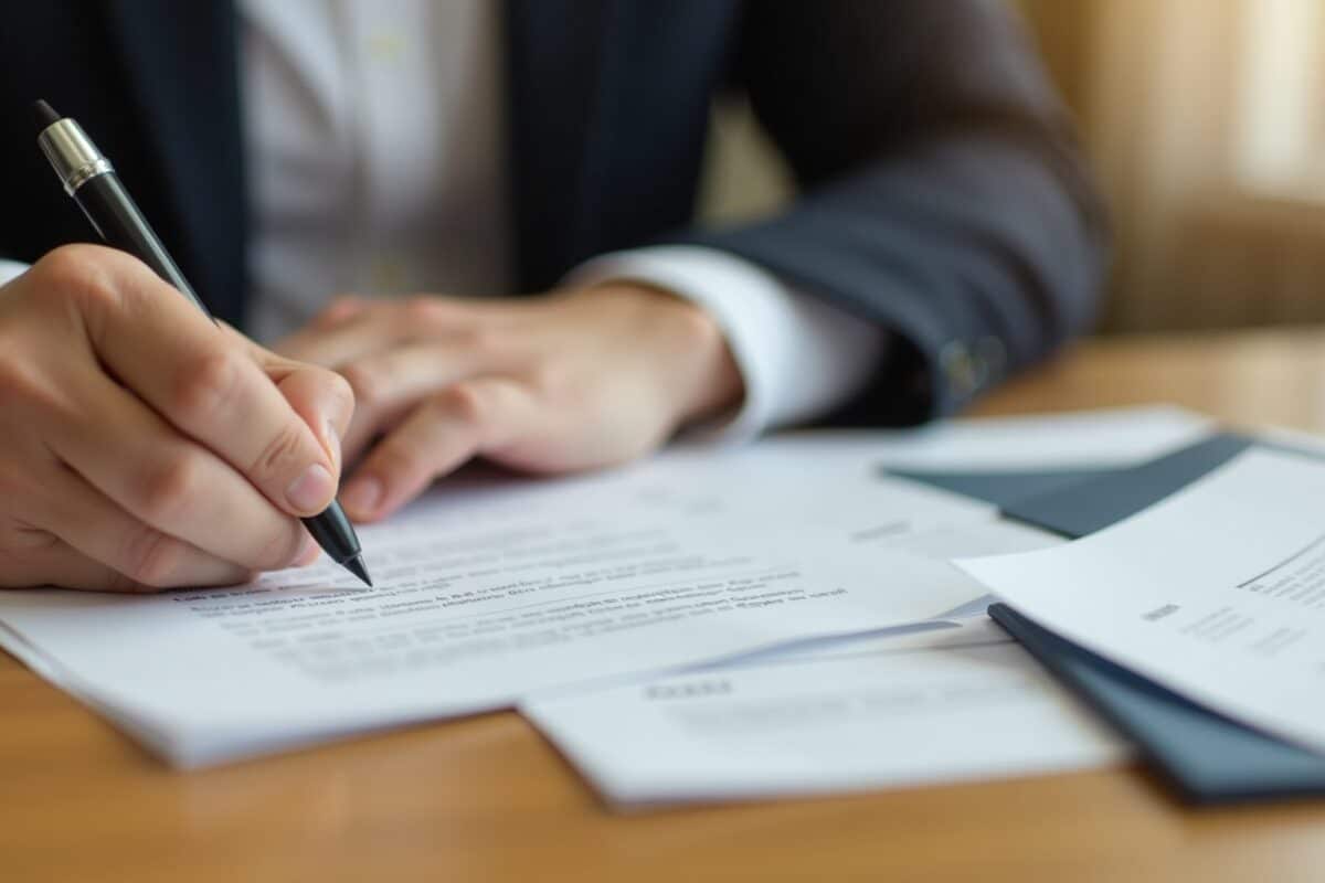 Homme d'affaires signant un document officiel sur son bureau.