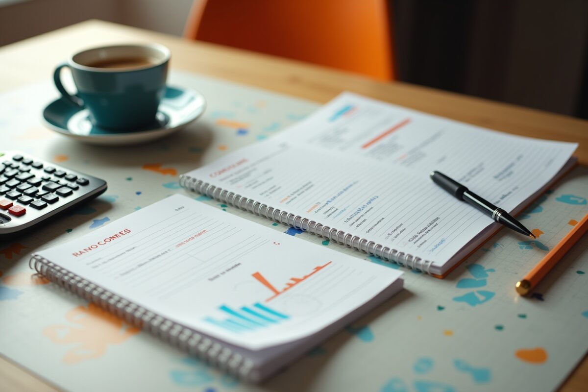 Bureau de travail avec documents, calculatrice et tasse de café.