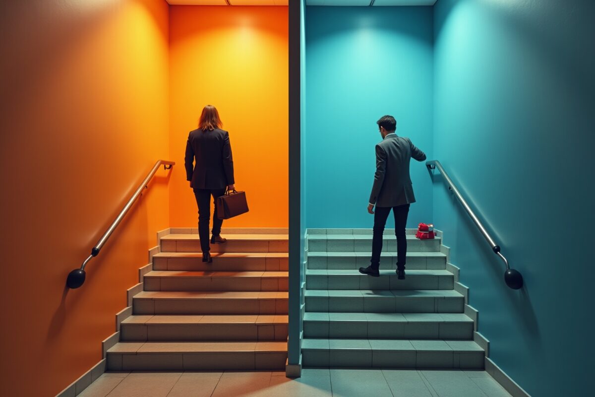 Deux personnes marchant dans un escalier coloré, l'un en costume et l'autre en manteau noir.