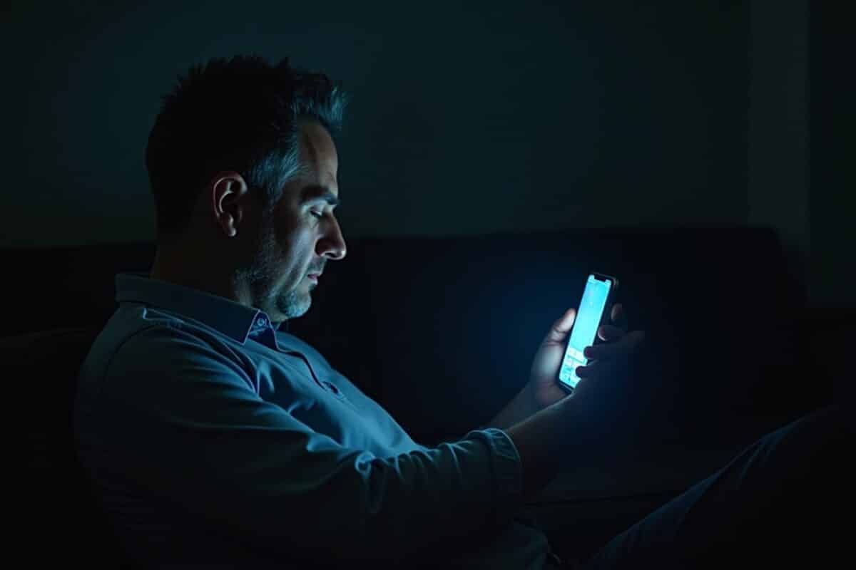 Homme barbu utilisant un smartphone dans l'obscurité.