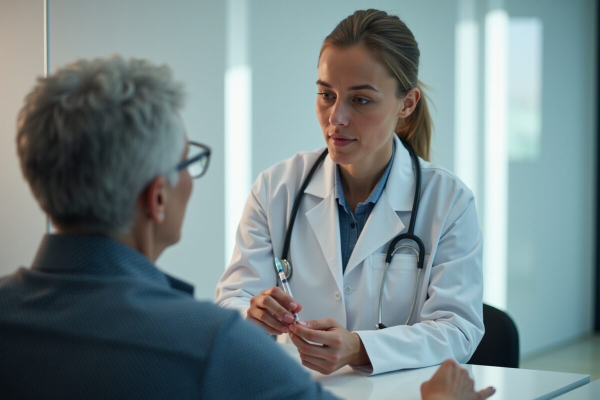 Médecin féminin en consultation avec un patient âgé.