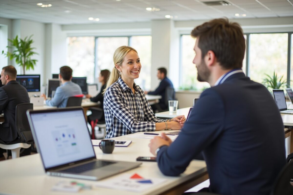Deux personnes discutent dans un bureau moderne avec ordinateurs.
