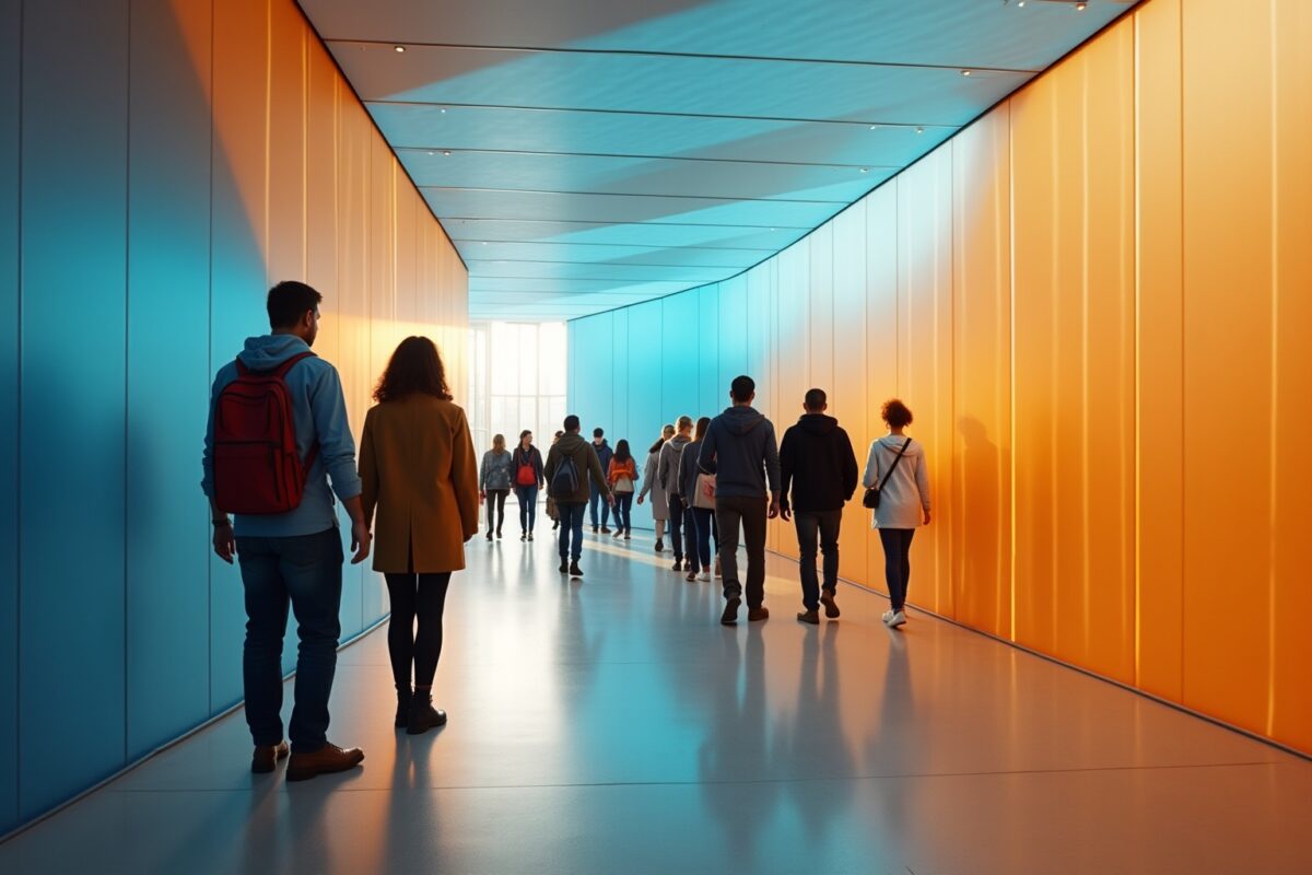 Couloir lumineux avec des personnes marchant dans une direction.
