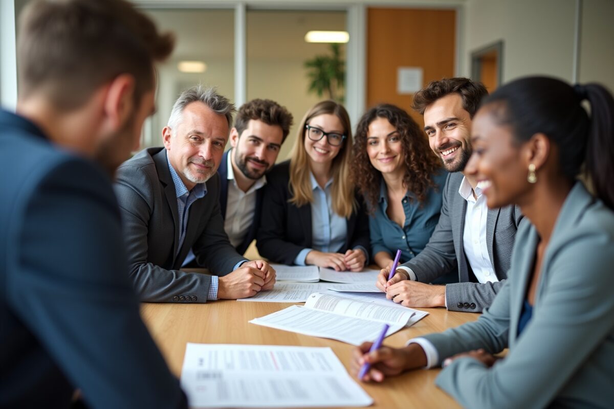 Groupe de professionnels en réunion, discutant et examinant des documents.