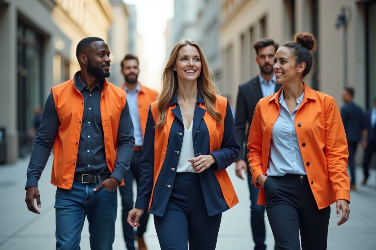 Groupe de personnes en vêtements professionnels orange et bleu marchant dans une rue.