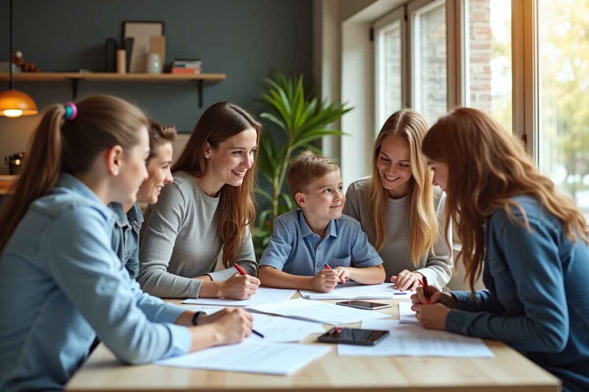 Famille heureuse travaillant ensemble sur des documents dans un salon confortable.