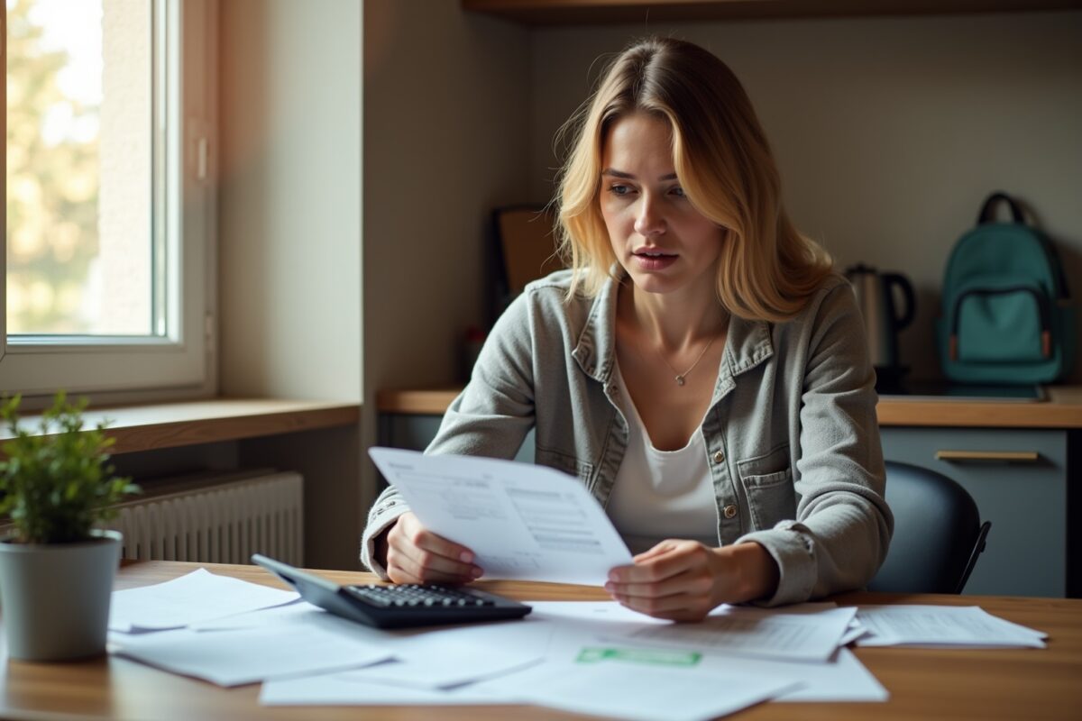 Jeune femme concentrée sur ses documents financiers à son bureau.