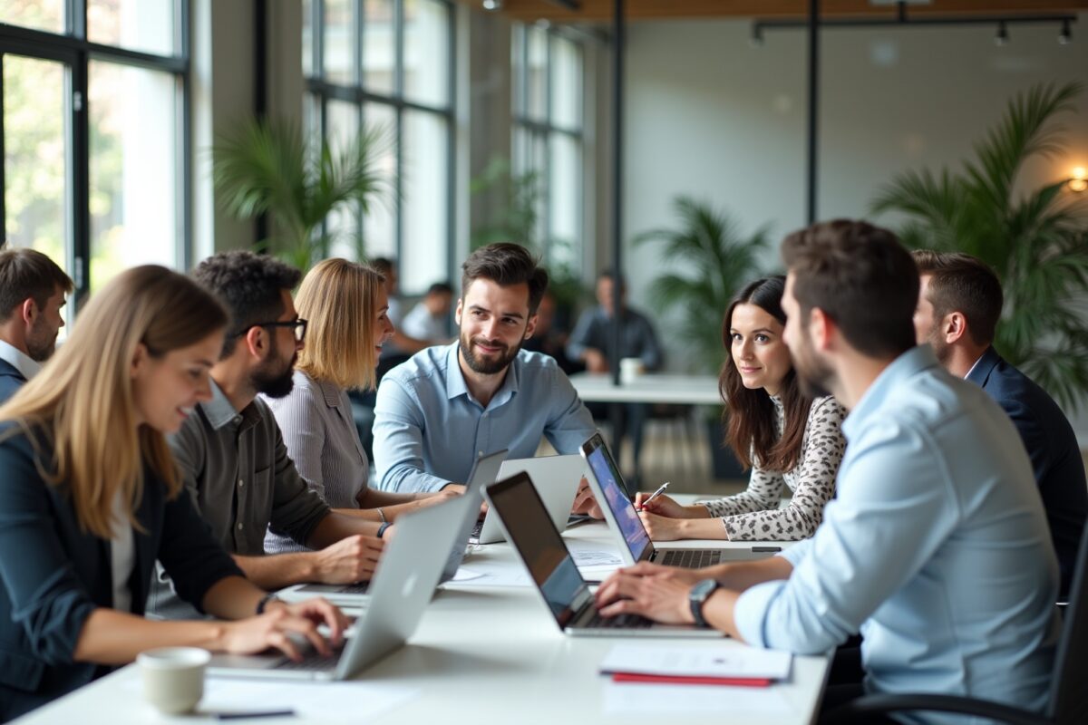 Groupe de personnes travaillant ensemble dans un espace de bureau moderne.